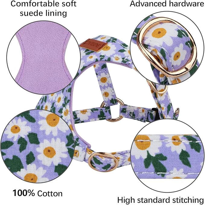 CHEDE No Pull Floral Pattern Dog Harness- Lightweight and Soft Dog Harness, Adjustable Small Dog Harness and Leash Set, with Dog Leash, Suitable for Puppy Small and Medium-Sized Dog (S, Purple Daisy)