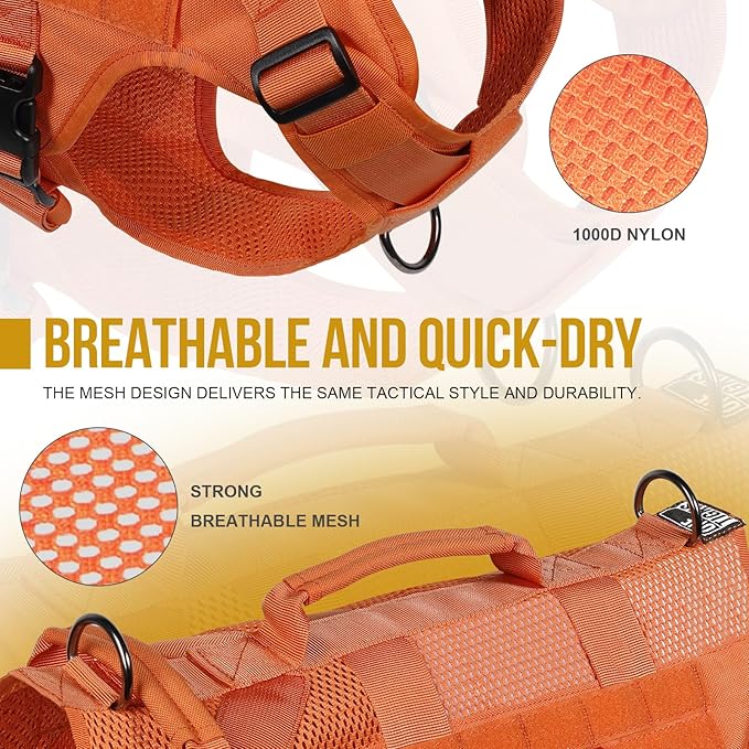 OneTigris Tactical Dog Harness for Small Dogs, No Pull Vest, Breathable Military Molle Vest with Handles for Walking Hiking Training (Orange, XS)