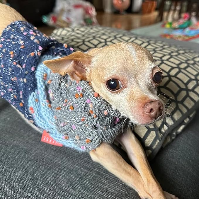 KYEESE Dog Sweater Color Block with Fuzzy Thread Knitted Turtleneck Dog Knitwear with dots in a Variety of Colors for Small Dogs Fall Winter Puppy Sweater, Navyblue, XS