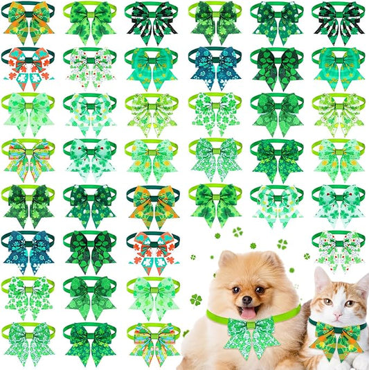 Maitys 40 Pcs St. Patrick's Day Cat & Dog Bow Ties - Adjustable Clover Pattern Neckties for Festival & Party Grooming Accessories