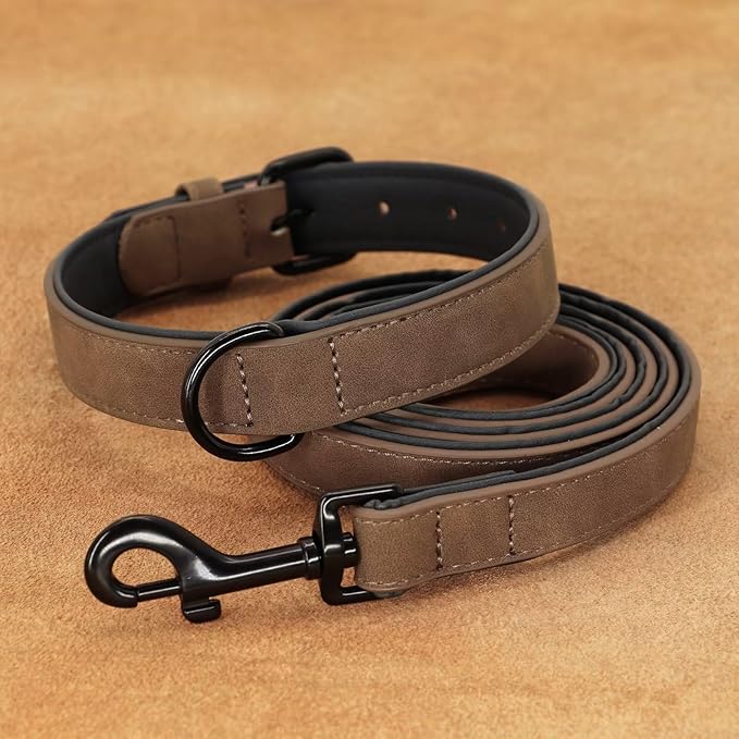 Didog Soft Padded Leather Dog Collar and Leash Set, Heavy Duty Dog Leash and Collar Set with Metal Buckle, Breathable Dog Collars with 4FT Leather Dog Leash for Small Medium Large Dogs, Brown, XL