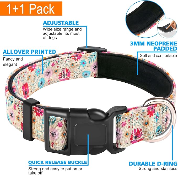 Reflective Dog Collar Padded with Soft Neoprene Breathable Adjustable Nylon Dog Collars for Small Medium Large Dogs (Large (Pack of 1), Vanila/Pink Floral Collar+Leash)