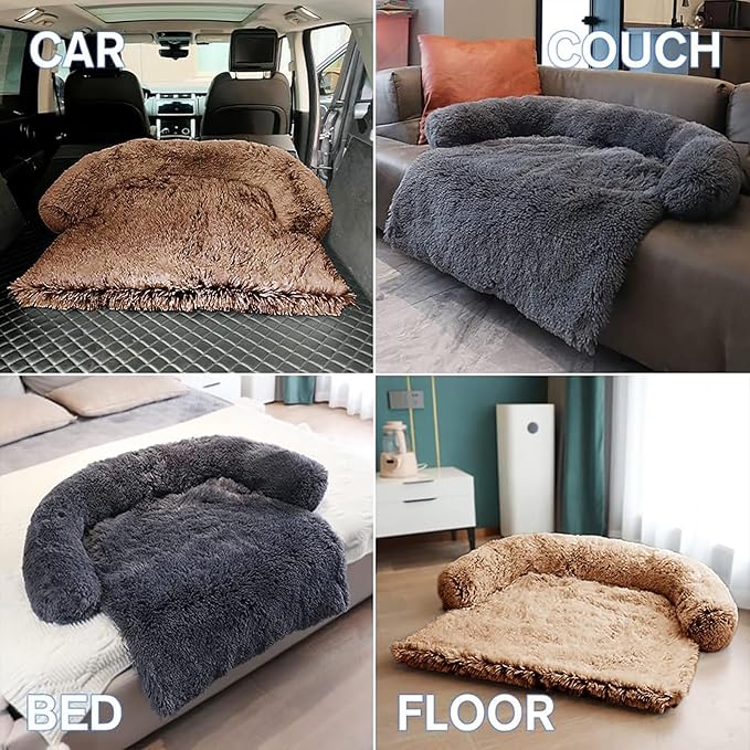 Calming Dog Bed Fluffy Plush Dog Mat for Furniture Protector with Removable Washable Cover for Large Medium Small Dogs and Cats (Large, Brown)