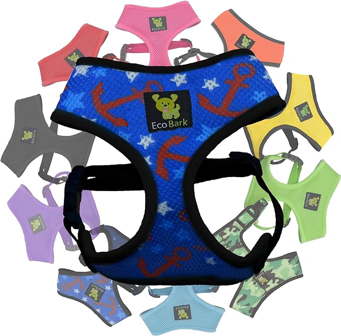 EcoBark Dog Harness - Eco-Friendly Max Comfort Harnesses - Luxurious Soft Mesh Halter - Over The Head Chest Harness Vest- No Pull and No Choke for Puppy, Toy Breeds & Small Dogs (Small, Nautical)
