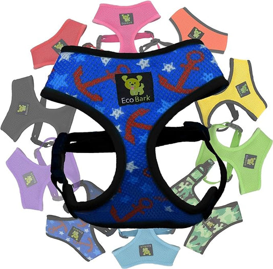 EcoBark Dog Harness - Eco-Friendly Max Comfort Harnesses - Luxurious Soft Mesh Halter - Over The Head Chest Harness Vest- No Pull and No Choke for Puppy, Toy Breeds & Small Dogs (Small, Nautical)