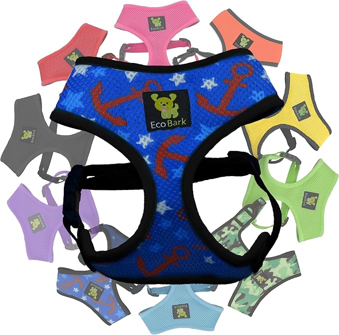 EcoBark Dog Harness - Eco-Friendly Max Comfort Harnesses - Luxurious Soft Mesh Halter - Over The Head Harness Vest- No Pull and No Choke for Puppy, Toy Breeds & Small Dogs (Medium, Nautical)
