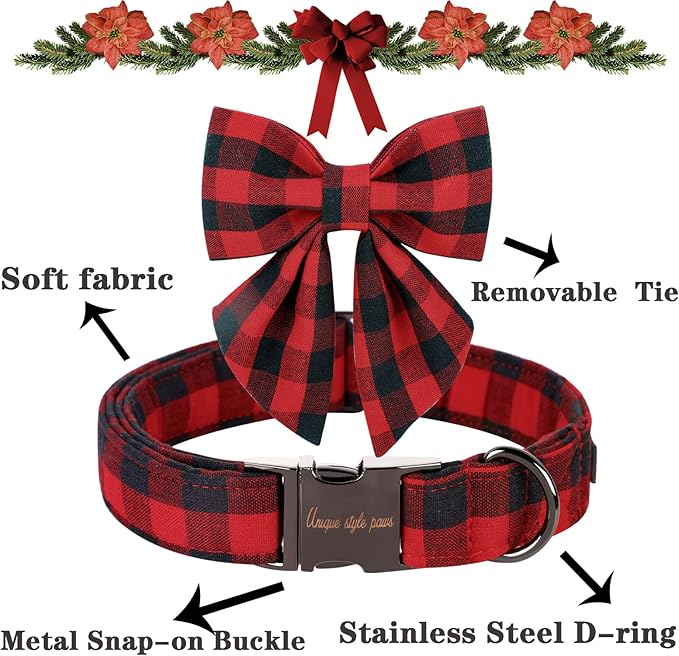 Unique style paws Christmas Dog Collar with Bow Tie Classic Red Plaid Puppy Collar for Small Medium Large Dogs as Holiday Winter Gifts-L
