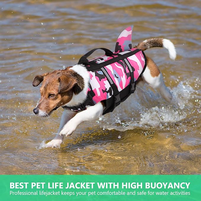 Queenmore Dog Life Jacket Pet Safety Vest High Buoyancy Camouflage Color Cute Shark with Strong Rescue Handle and Leash Ring for Boating, Canoeing, Surfing, Hunting, Pink M