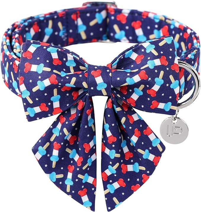Patriotic Bow Tie Collar for Puppy to Cat - American Flag Design, Comfortable Summer Collar with Metal Buckle, XS, 8-12in Neck
