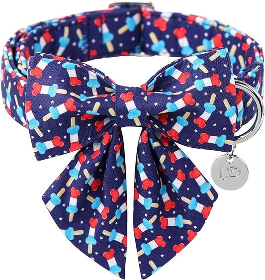 Patriotic Bow Tie Collar for Puppy to Cat - American Flag Design, Comfortable Summer Collar with Metal Buckle, XS, 8-12in Neck