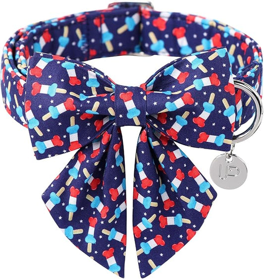 Patriotic Bow Tie Collar - American Flag Design for Small Dogs, Comfortable Summer Collar with Metal Buckle, Neck 10-16in