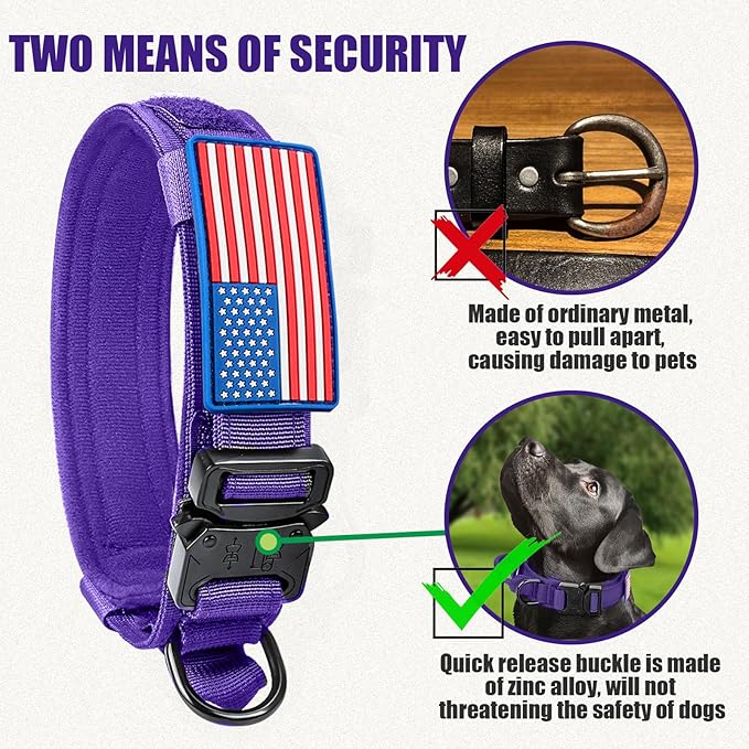 Tactical Military Dog Collar - Adjustable Nylon, Heavy Duty Metal Buckle With Handle for Training, With Patches (Purple, L)