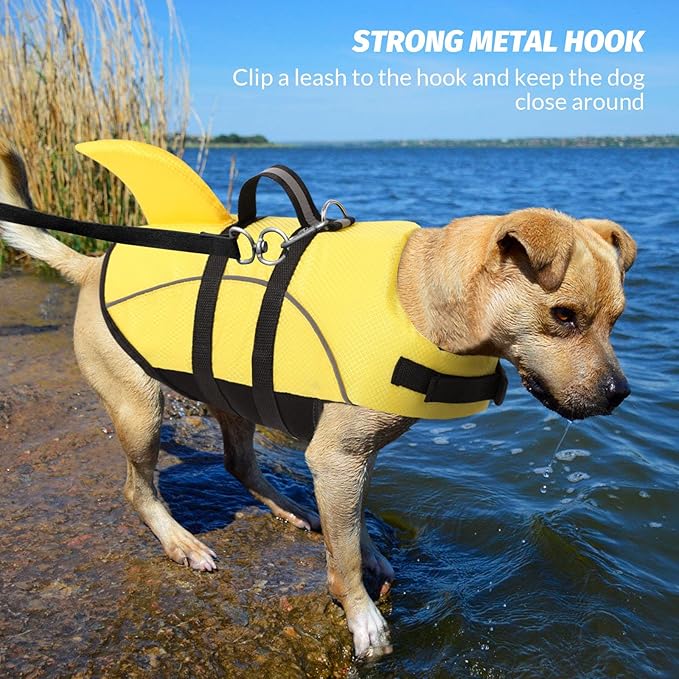 Queenmore Dog Life Jacket Small, Dog Life Vest for Swimming, Shark Life Jacket for Boating with Handle/Leash Hook, Lightweight Puppy Cats Floating Vest for Swim Water Pool (Yellow,S)