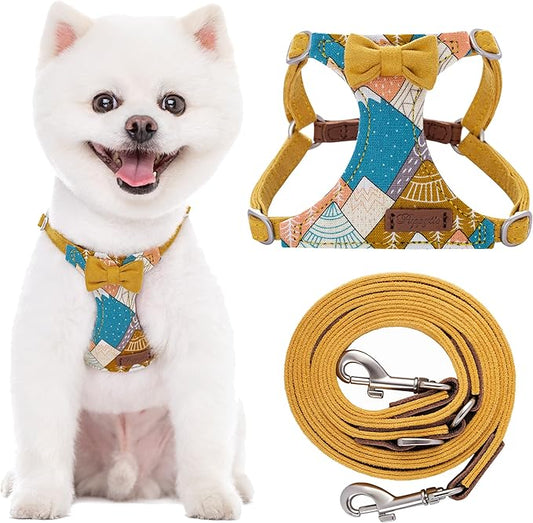 Puppytie No Pull xs Dog Harness with Multifunction Dog Leash,Soft Adjustable No Choke Escape Proof Pet Harness Vest,Suede Bow Yellow,XS