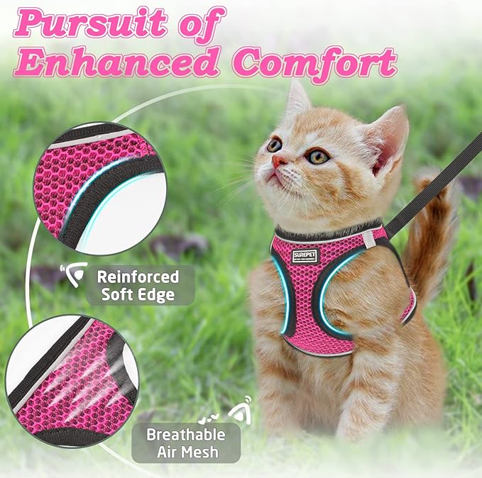 Cat Harness and Leash for Walking Escape Proof, Adjustable Kitten Vest Harness Reflective Soft Mesh Puppy Harness for Outdoor, Comfort Fit, Easy to Control (Pink, XXS)