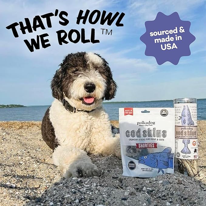 Polkadog Cod Skins Dog Treat - Lean Protein, Made in USA, Single-Ingredient, Grain & Gluten Free, for All Breeds - Crunchy Fish Skin Treat for Teeth Health, 2oz Shortie