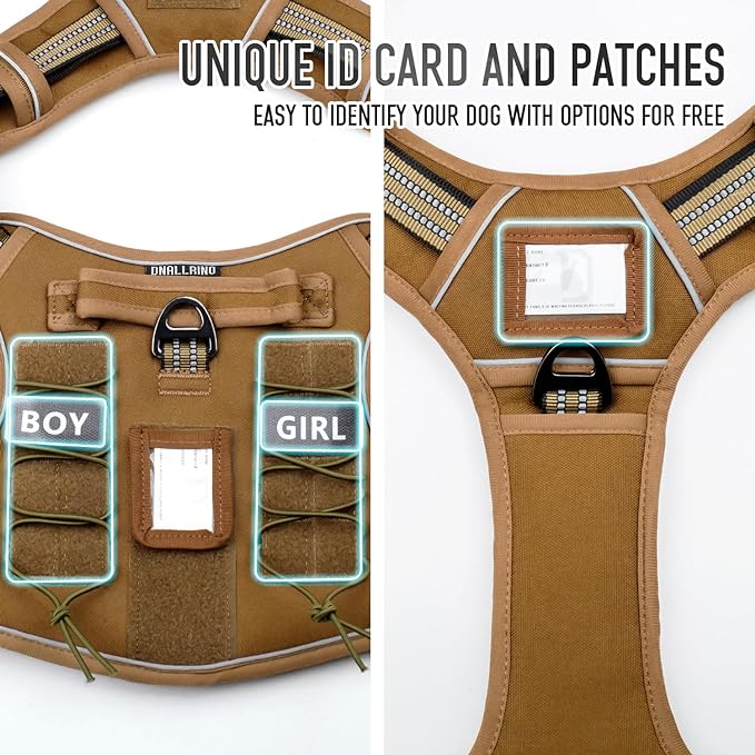 Tactical Dog Harness for Medium Large Dogs, Heavy Duty Dog Harness with ID Card, Reflective Hiking Harness for Training Easy Control Dog Vest with Handle Brown