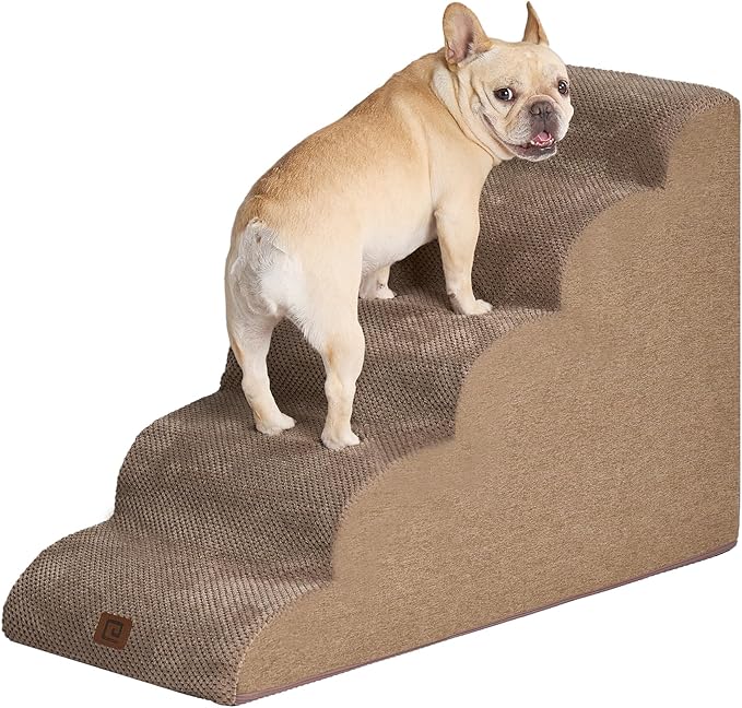EHEYCIGA Curved Dog Stairs Ramp for High Beds 22.6" H, 5-Step Dog Steps for Small Dogs and Cats, Pet Stairs for High Bed Climbing, Non-Slip Balanced Pet Step Indoor, Camel