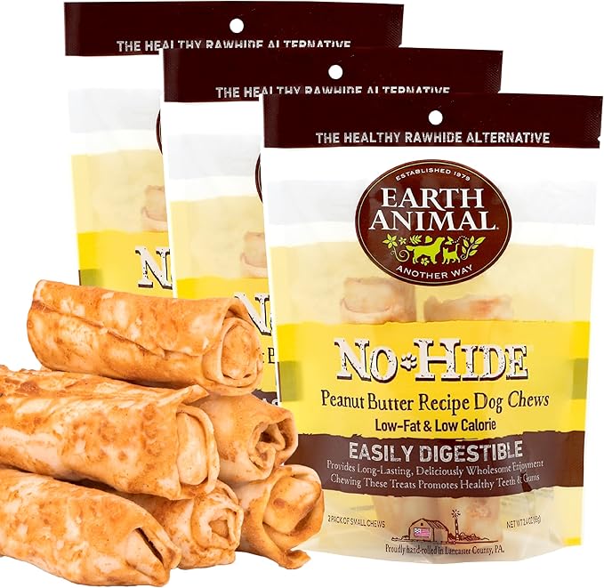Earth Animal No Hide Small Long Lasting Dog Chew Rolls, Peanut Butter, 2 Count Pack of 3
