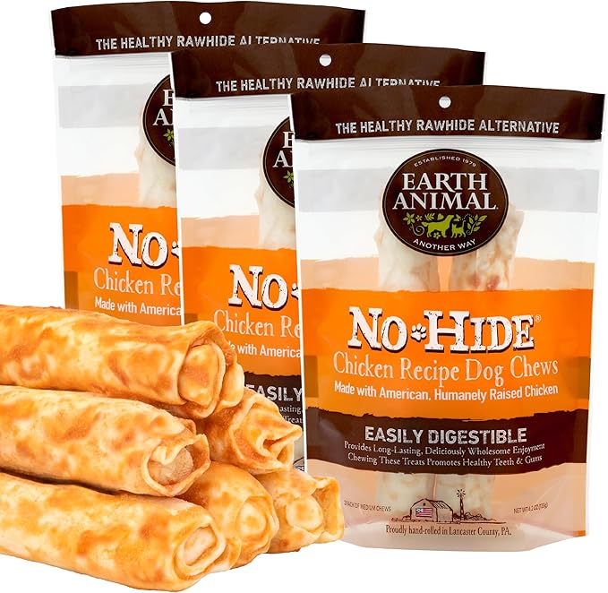 Earth Animal No Hide Medium Chicken Flavored Natural Rawhide Free Dog Chews Long Lasting Chew Sticks | Treats for Large Dogs | Great for Aggressive Chewers (3 Pack)