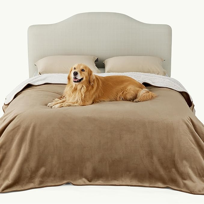 Bedsure Waterproof Blanket for Bed - Sherpa Fleece Waterproof Dog Blankets for Large Dogs, Pet Blankets for Bed/Couch/Dog Crate, Soft Plush Reversible Furniture Protector, Queen Size, 90"x86", Camel