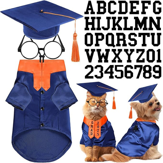 5 Pcs Dog Graduation Costume Set Include 2025 Pet Graduation Gown with Stole Puppy Grad Cap Lensless Glasses DIY Letter Stickers for Dogs Cats Holiday Costume Accessory(Blue Orange,S)