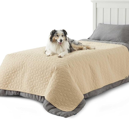 Bedsure 100% Waterproof Bed Cover for Dogs Washable - Non Slip Waterproof Dog Blanket for Bed, Lightweight Furniture Protector Durable for Pet Cat Puppy with Non-Slip Bottom, Beige, 68x82IN