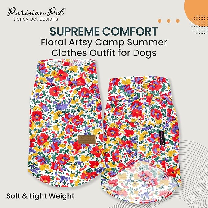 Parisian Pet Floral Pattern Dog Shirt - 100% Cotton Summer Clothes - Stylish Beach Outfit - Hook and Loop Closure - Machine Washable - XL3