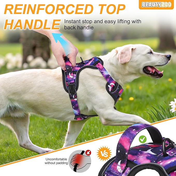 BEAUTYZOO No Pull Dog Harness Large, Adjustable Dog Harness and Leash Set -Easy Wearing with 3 Buckles/Control Handle,No Choke Soft Padded Reflective Pet Vest for Training Walking Hiking, L