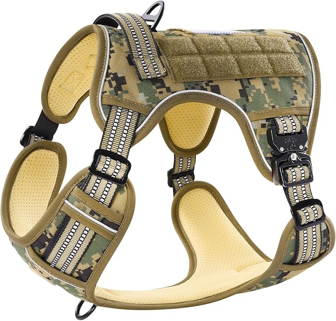 PawsPassion Tactical Dog Harness for Large Dogs, Chew-Proof Metal Hardware, Heavy Duty No Pull Dog Harness, Reflective Strips, Adjusting Ring, MOLLE System, Hook and Loop Panel (Forest Recon, L)