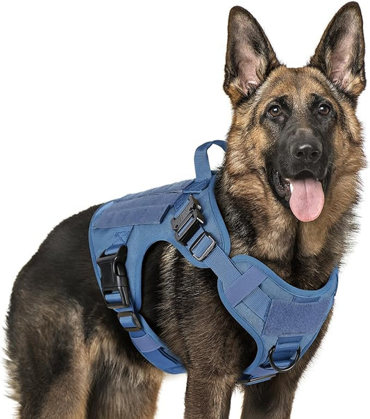 rabbitgoo Tactical Dog Harness for Large, Heavy Duty Pet Harness with Handle, No-Pull Service Vest Large Breed, Adjustable Military Dog Vest for Training Hunting Walking, Blue, L