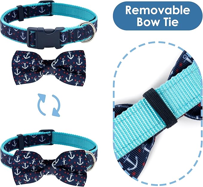 azuza Anchor Dog Collar with Bow Tie, Soft and Comfortable Adjustable Bowtie for Small Dogs