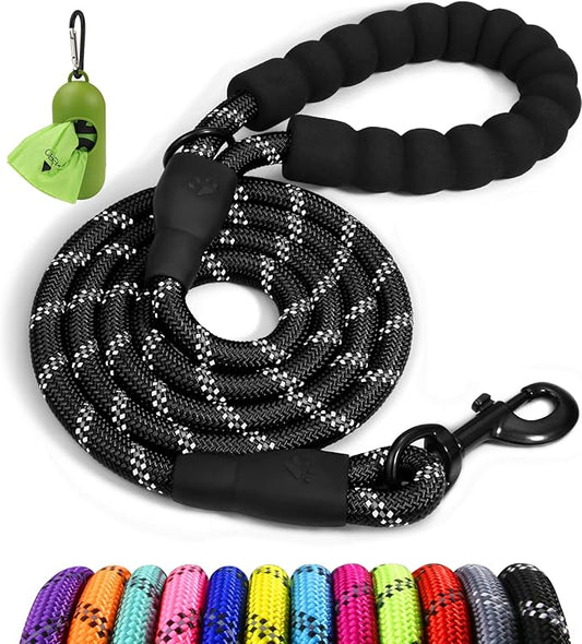 Taglory Rope Dog Leash 4 FT with Comfortable Padded Handle, Highly Reflective Threads Leash for Medium Large Dogs, 1/2 inch, Black