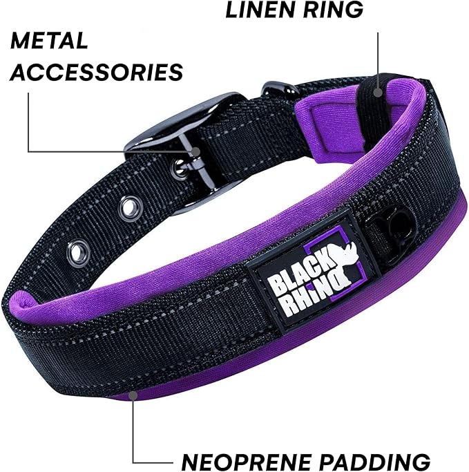 Black Rhino - The Comfort Collar Ultra Soft Neoprene Padded Dog Collar for All Breeds, Dog Collars for Large Dogs - Heavy Duty Adjustable Reflective Weatherproof (Small, Purple/Bl)