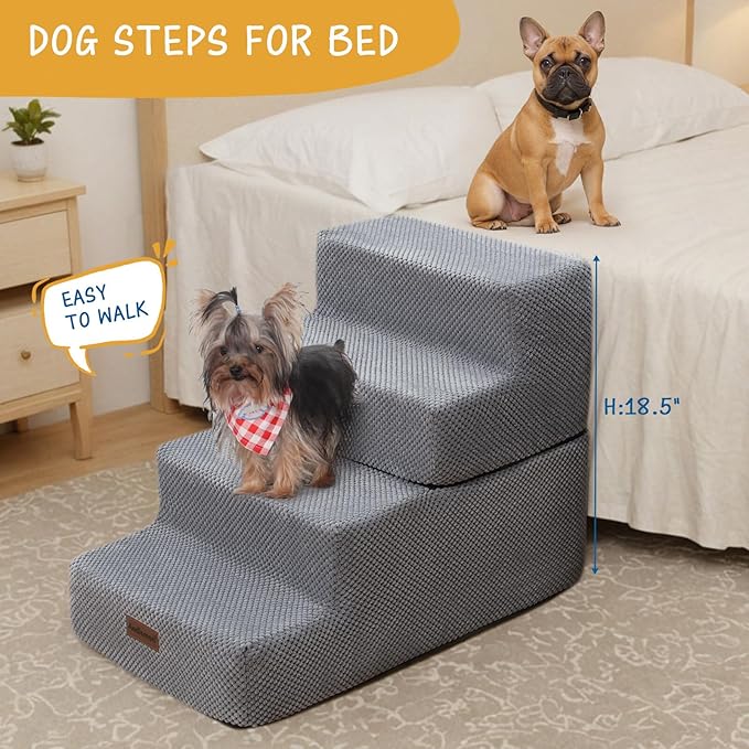 Dog Stairs for Small Dogs & Cats, 4-Step Non-Slip Pet Steps for Beds & Couches, Grey, 18.5" H