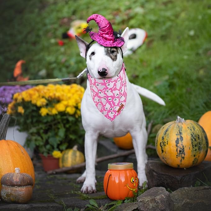 ADOGGYGO Halloween Dog Bandana, Pink Pumpkin Ghost Pet Scarf, Premium Durable Fabric, Adjustable Fit Female Halloween Bandanas for Extra Large Dogs Pets (X-Large)