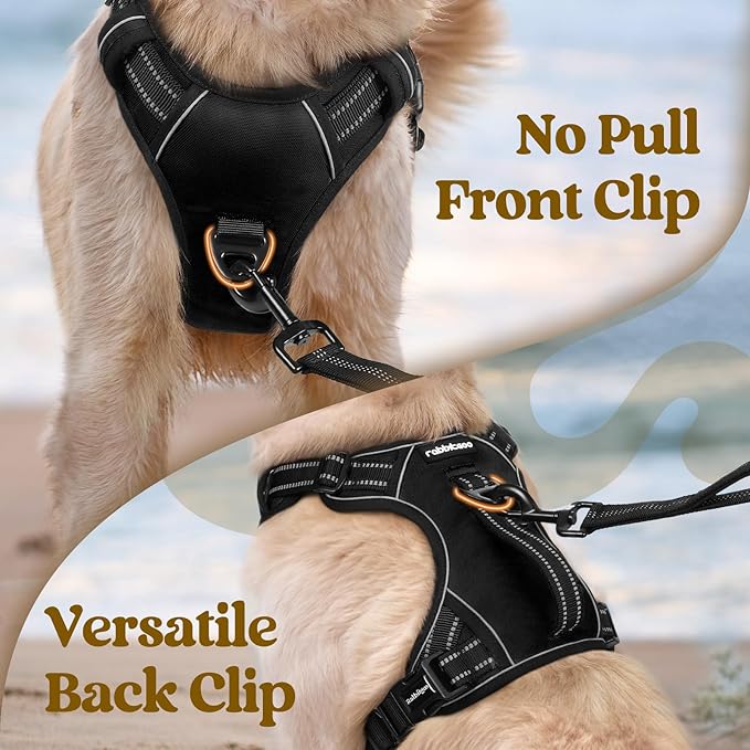 rabbitgoo Dog Harness for Large Dogs, No Pull Pet Harness with Soft Padded Handle, Adjustable Reflective Vest with 3 Buckles, Easy Walking Harness with 2 Leash Clips, Black, XL