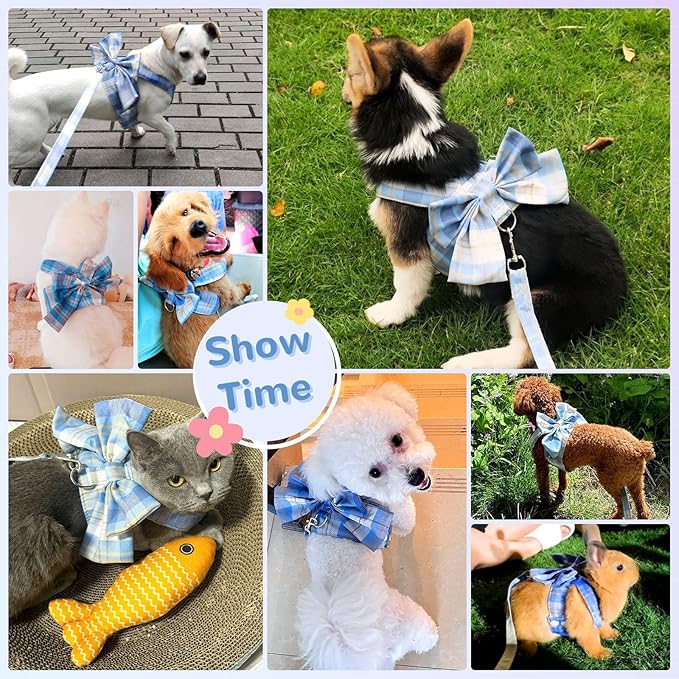 Cute Dog Harness and Leash Set with Bow Tie Soft Mesh Plaid Girl Puppy Harness No Pull Pet Cat Dog Vest Harness for Small Dogs Chihuahua Rabbit Outfit (Blue,XS)