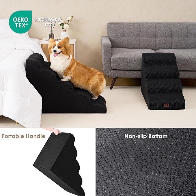 EHEYCIGA Curved Dog Stairs Ramp for High Beds 22.6" H, 5-Step Dog Steps for Small Dogs and Cats, Pet Stairs for High Bed Climbing, Non-Slip Balanced Pet Step Indoor, Black