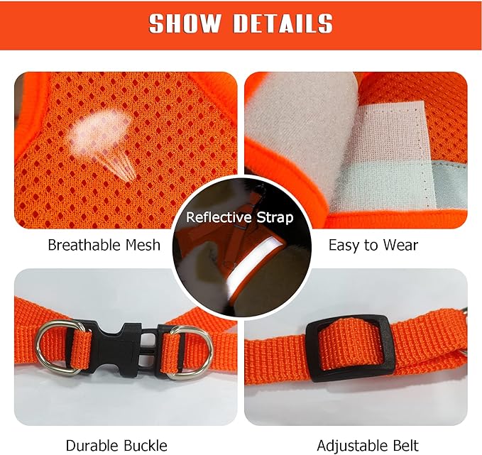 FEimaX Dog Harness and Leash Set for Walking, Soft Mesh Adjustable Easy Control Lightweight Cat Vest Harnesses with Reflective Strips, Escape Proof Small Dogs Cats Vests (Orange, X-Large)