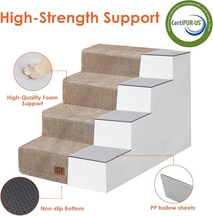 EHEYCIGA Dog Stairs for Bed 20”H, 4-Step Extra Wide Dog Steps for High Bed, Pet Steps for Small Dogs and Cats, Non-Slip Balanced Pet Ramp, Camel