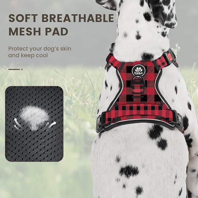 FURRYFECTION Plaid Dog Harness for Medium Dogs | No Pull Reflective Pet Harness | No Choke Adjustable Dog Vest Harnesses | with Leash | Easy Control Handle | Front Lead | Seat Belt | Red&Black | M