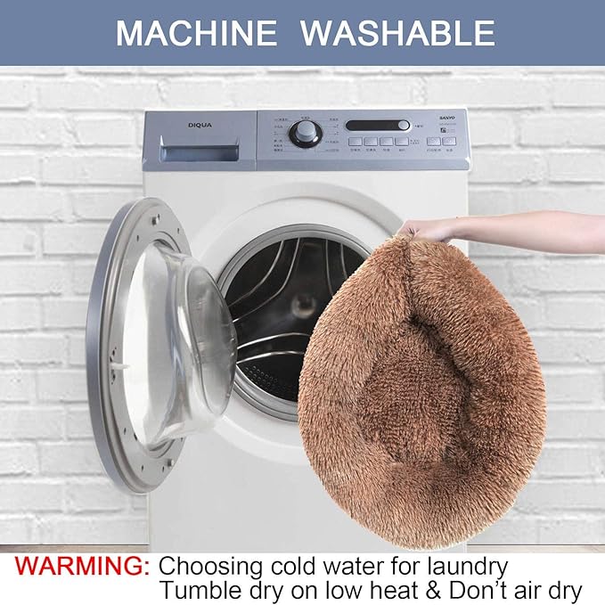 Dog Calming Beds for Small Medium Large Dogs - Round Donut Washable Puppy Dog Bed, Anti-Slip Faux Fur Fluffy Donut Cuddle Anxiety Cat Pet Bed(20'' Khaki