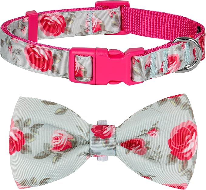 azuza Dog Collar with Bow Tie, Soft and Comfortable Adjustable Bowtie Dog Collar for Large Dogs (L, Camellia Flower)