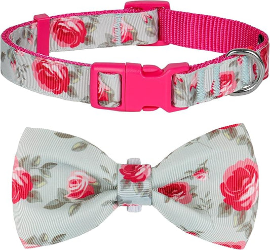 azuza Dog Collar with Bow Tie, Soft and Comfortable Adjustable Bowtie Dog Collar for Puppy and Small Dogs (XS, Camellia Flower)