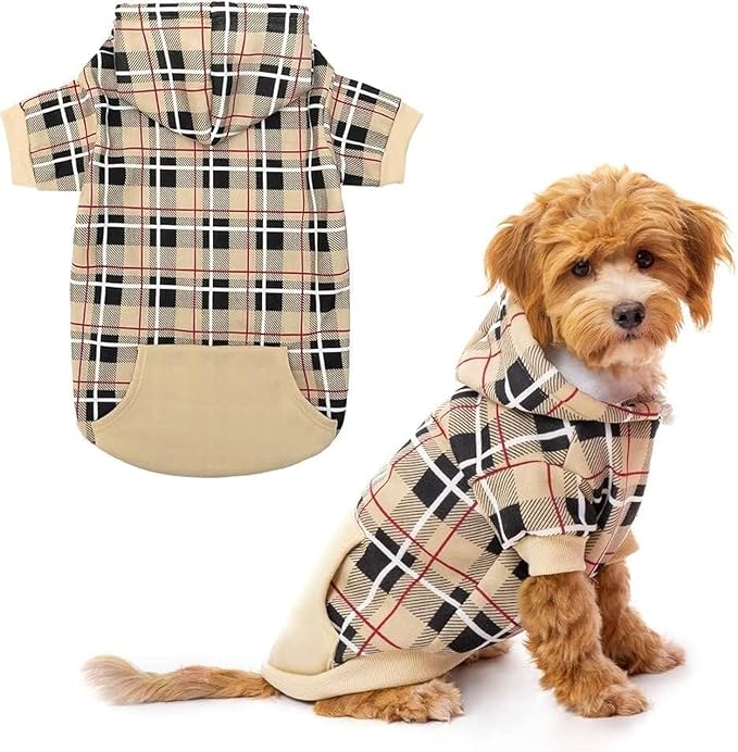 EXPAWLORER Plaid Dog Hoodie - British Style Warm Dog Sweater Shirt with Leash Hole,Pitbull Clothes Outfits,Winter Coat Apparel for All Breeds Puppy Girl Boy-Cat Apparel