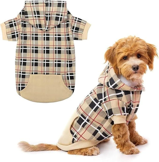 EXPAWLORER Plaid Dog Hoodie - British Style Warm Dog Sweater Shirt with Leash Hole,Pitbull Clothes Outfits,Winter Coat Apparel for All Breeds Puppy Girl Boy-Cat Apparel