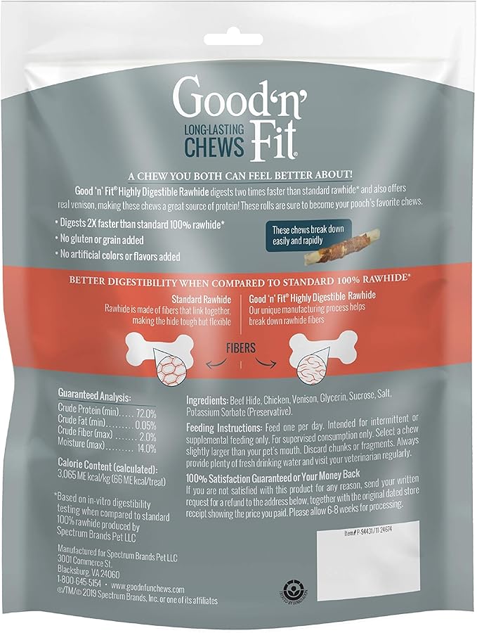 Good ’n’ Fit Small Rolls Made With Real Venison, 10 Count, Highly Digestible Rawhide For Dogs