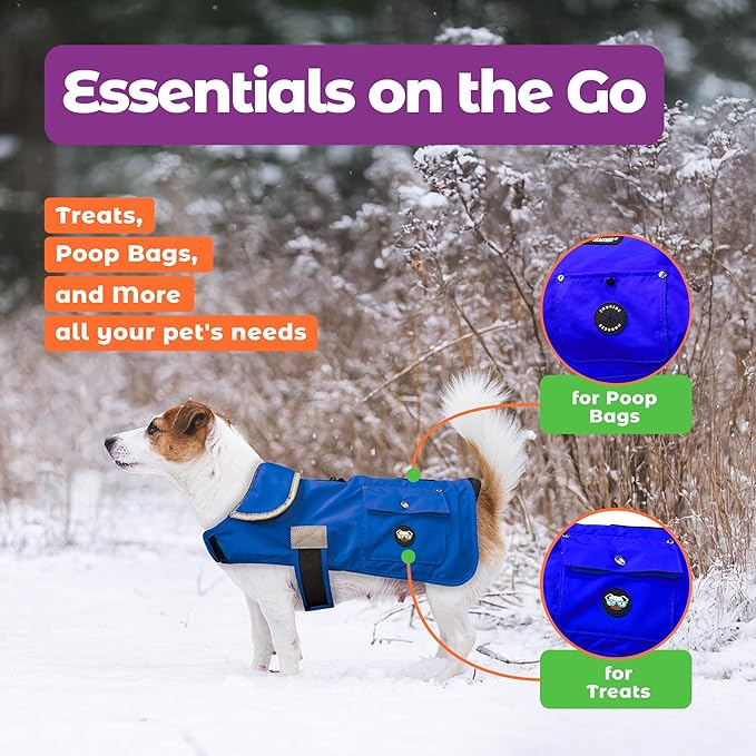 Joyride Harness FrostFlex Dog Winter Jacket - Fleece Lined & Water-Resistant - Snowsuit with Pockets for Treats & Poop Bags - Durable Cold Weather Dog Coat - Blue Serenity-XS