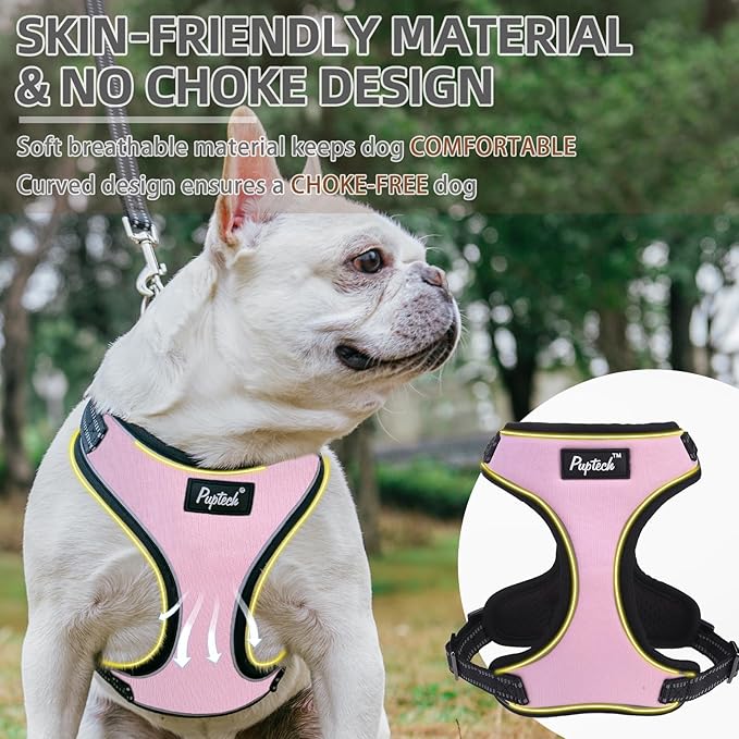 PUPTECK Dog Harness and Leash Set for Small Medium Sized Dogs, No Pull Dog Harness for Walking Training, Adjustable Reflective Puppy French Bulldog Frenchie Harness Soft Padded Vest, Pink, L